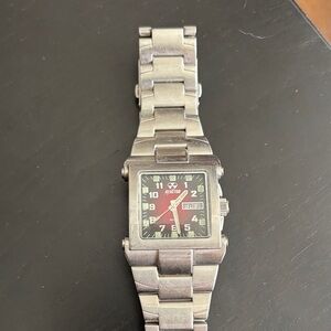 Men's Silver Watch with Black and Red Dial